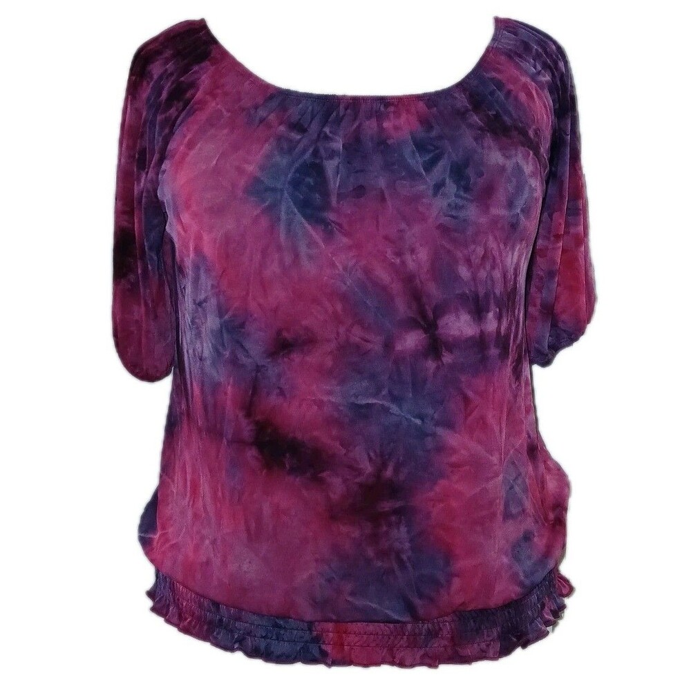 AVENUE Womens 14/16 Tie Dye On Off Shoulder Smocking 3/4 Sleeve Top Multicolor
